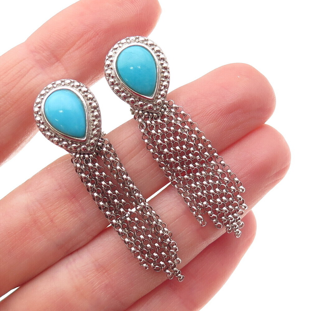 Chapal Zenray 925 Sterling Silver Real Turquoise Tassel Omega Back Earrings